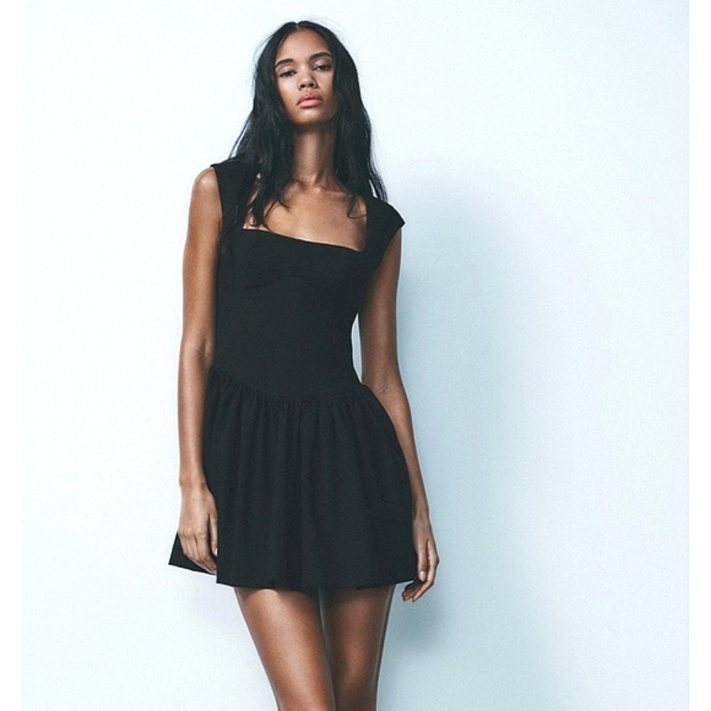 Zara Square Neck Pleated Dress Black size S and XXL - Picture 3 of 13